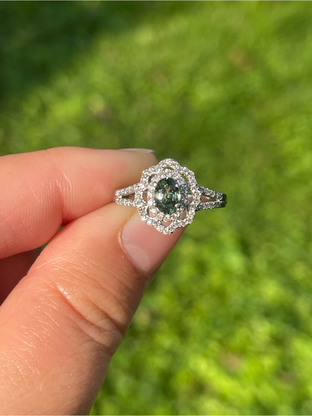Green Sapphire and Moissanite Halo Ring